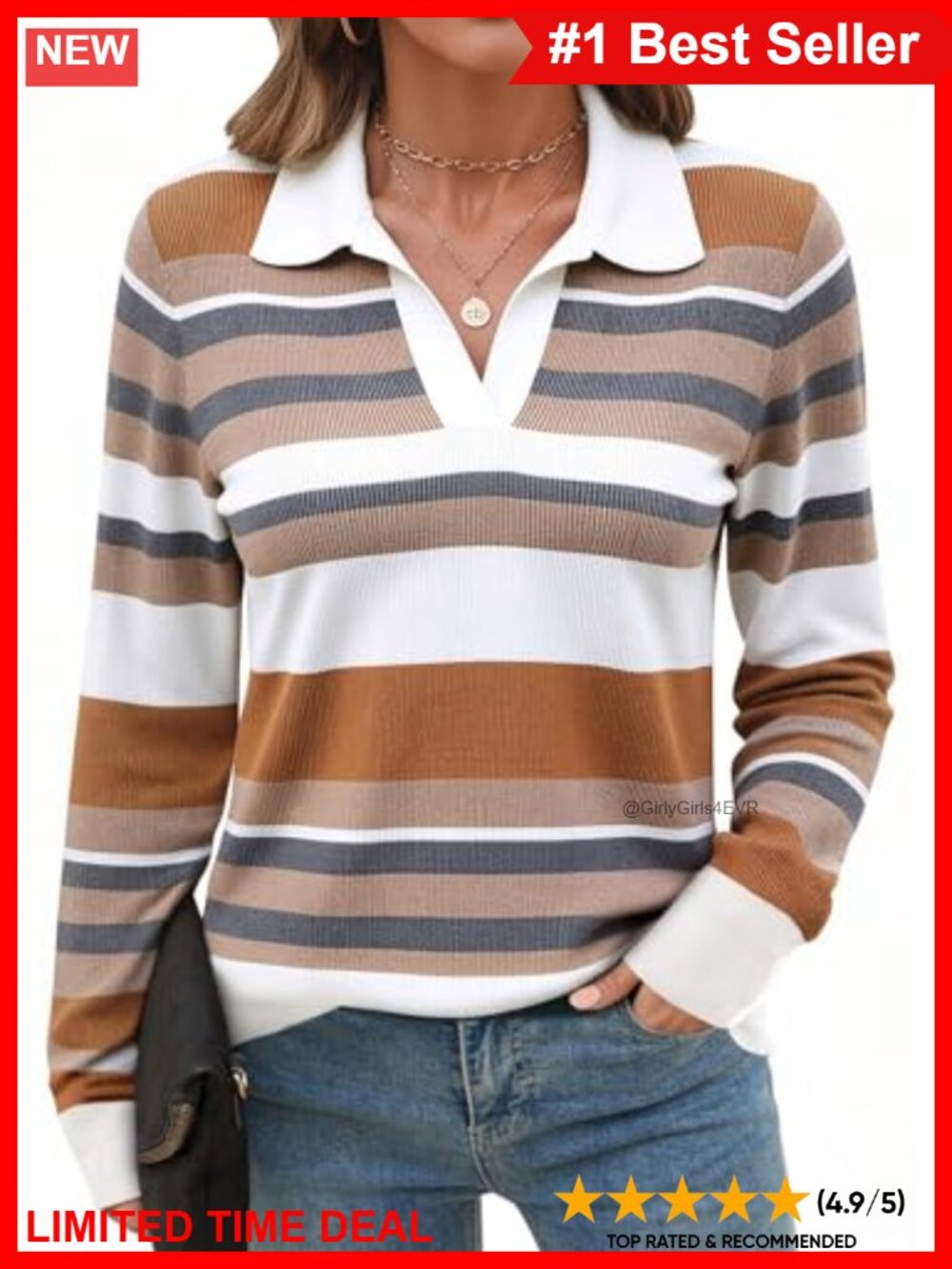 Women's Knit V-Neck Collared Sweater Long Sleeve Pullover Top